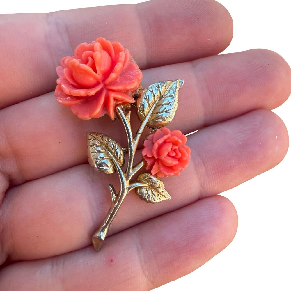 Vintage Jewelry Coral Rose Brooch Pink Flower Pin